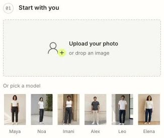 Current Try On Up person step: empty upload area and six sample models